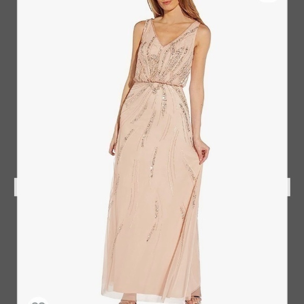 Adrianna Papell V-neck Sleeveless Beaded Blouson Gown in Blush